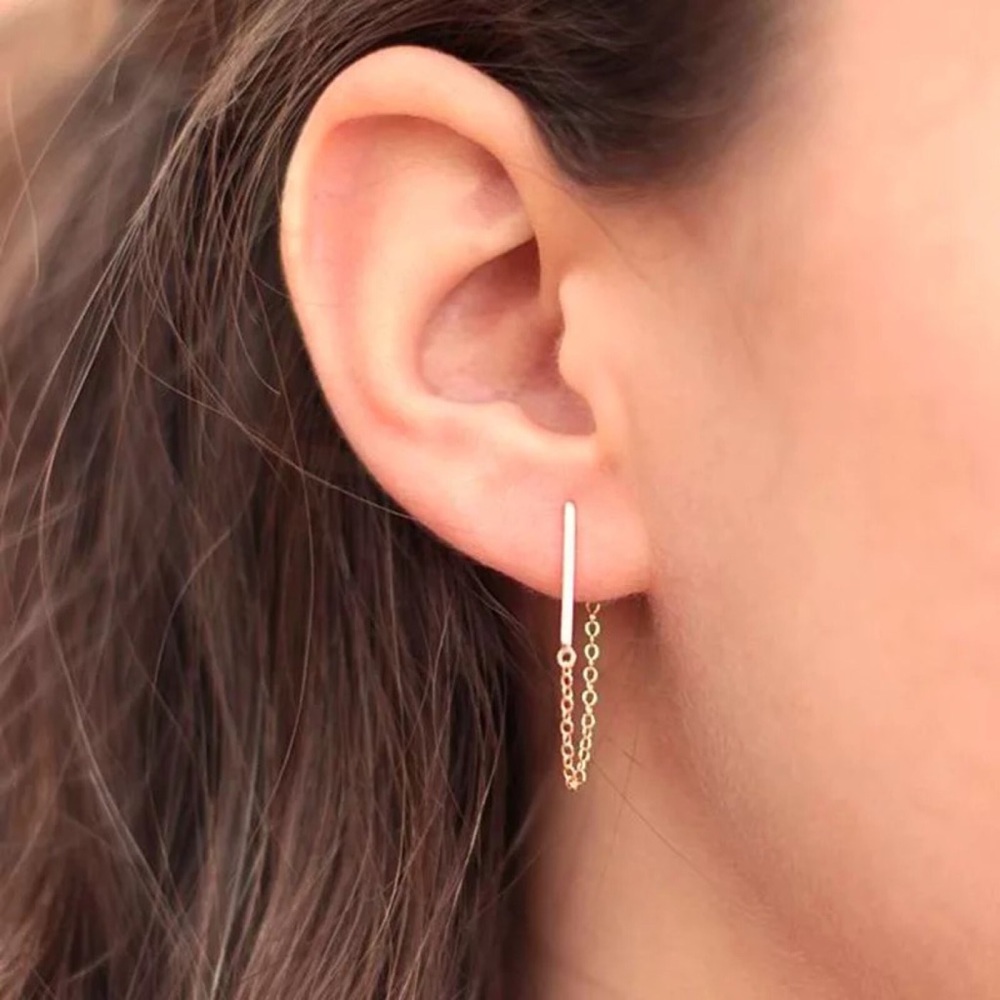 Minimalist Chained Back Bar Stud Earrings - Picture 3 of 4
